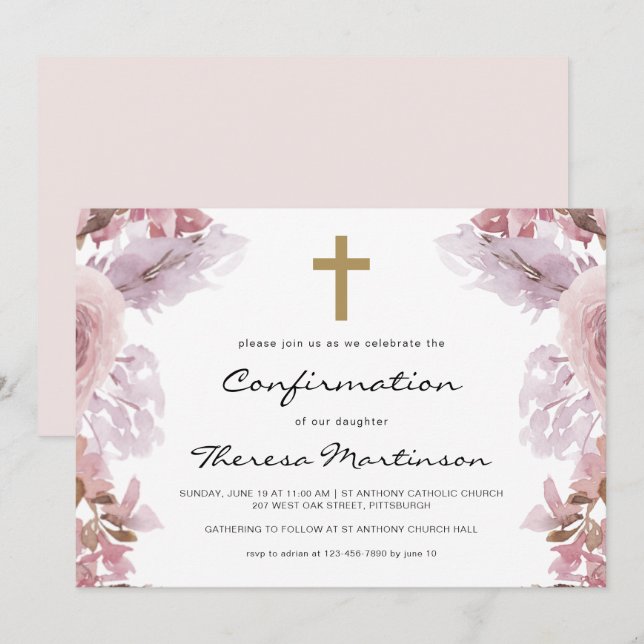 Invitación Rubor Floral rosa con confirmación cruzada (Anverso / Reverso)