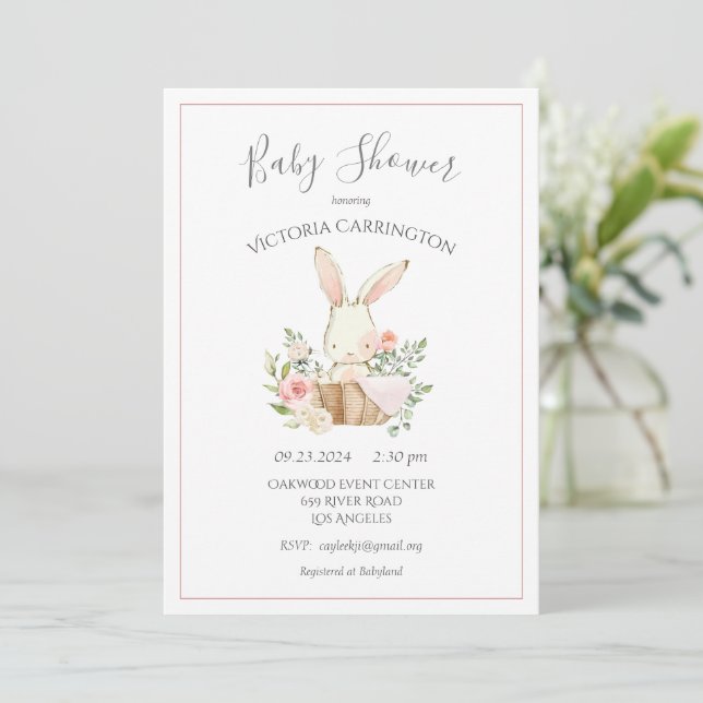 Invitación Rubor Floral Rosa Conejo Conejo Conejo Baby Shower (Anverso de pie)