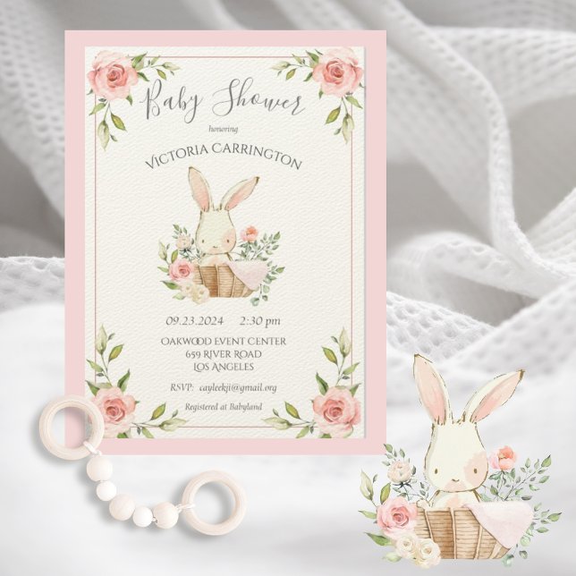 Invitación Rubor Floral Rosa Conejo Conejo Conejo Baby Shower (Subido por el creador)