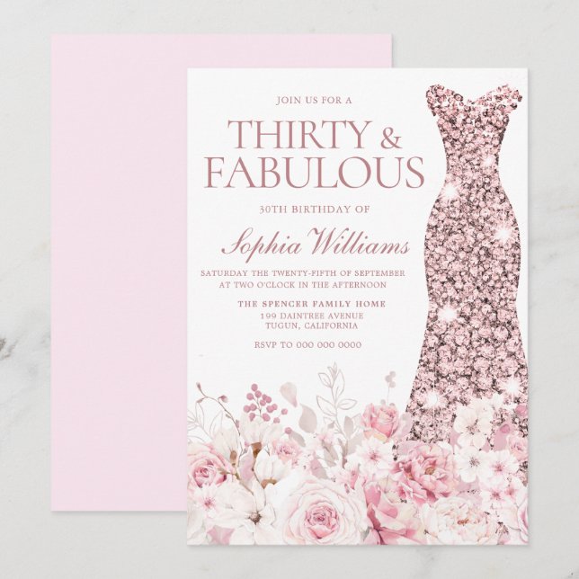Invitación Rubor Floral & Rosa Dorado Vestido 30 Fiesta de cu (Anverso / Reverso)