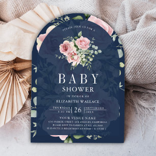 Invitación Rubor Floral rosa Eucalyptus Naval Azul Baby Showe