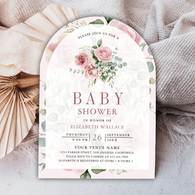 Invitación Rubor Floral rosa Eucalyptus QR Código Baby Shower (Subido por el creador)