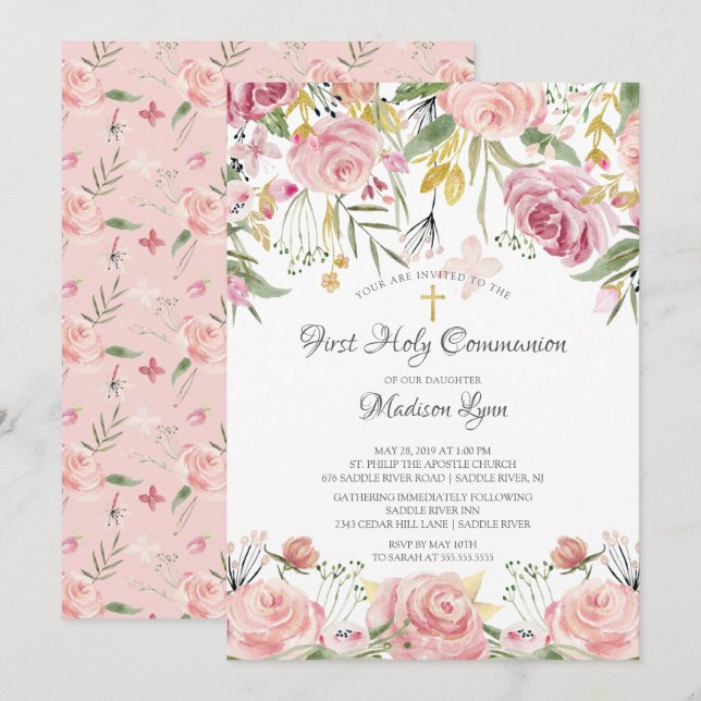 Invitación Rubor Floral rosa primera comunión sagrada (Anverso / Reverso)