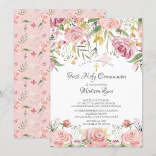 Invitación Rubor Floral rosa primera comunión sagrada
