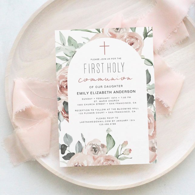 Invitación Rubor Floral rosa primera comunión sagrada (Subido por el creador)