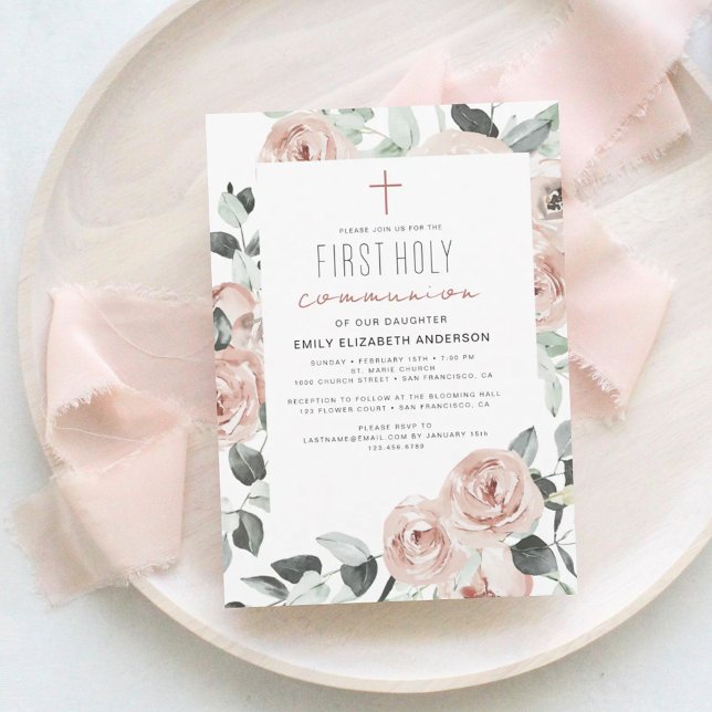 Invitación Rubor Floral rosa primera comunión sagrada (Subido por el creador)