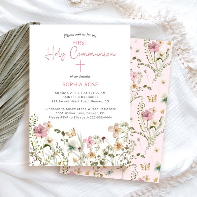 Invitación Rubor Floral rosa primera comunión sagrada (Subido por el creador)