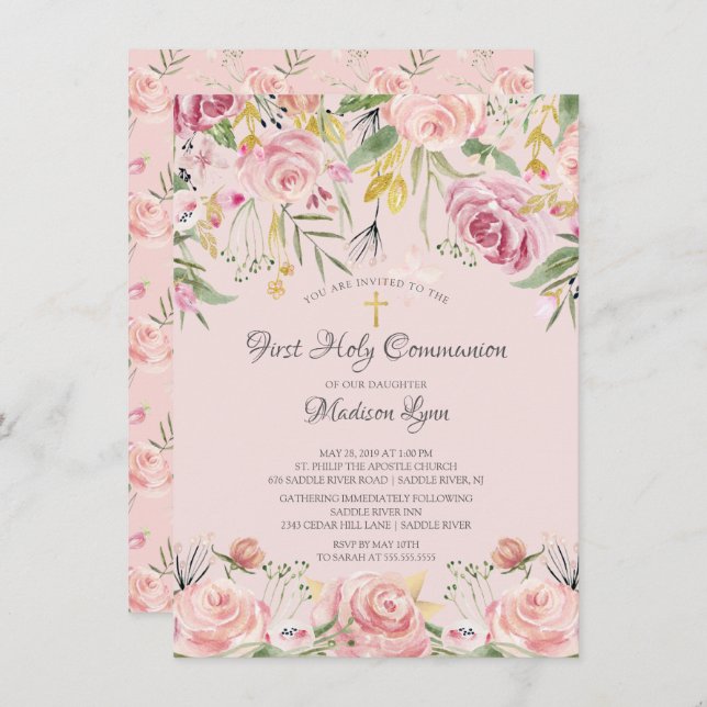 Invitación Rubor Floral rosa primera comunión sagrada (Anverso / Reverso)