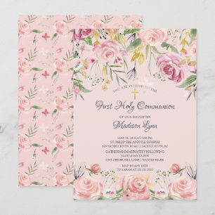 Invitación Rubor Floral rosa primera comunión sagrada