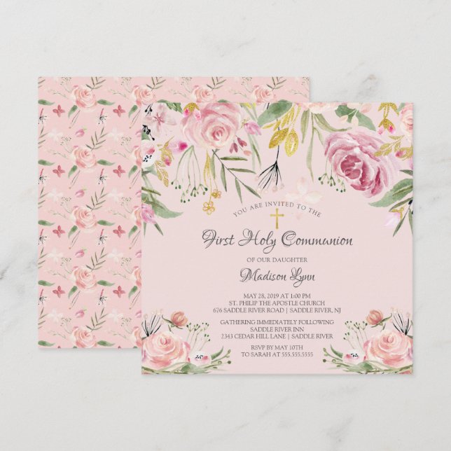 Invitación Rubor Floral rosa primera comunión sagrada (Anverso / Reverso)