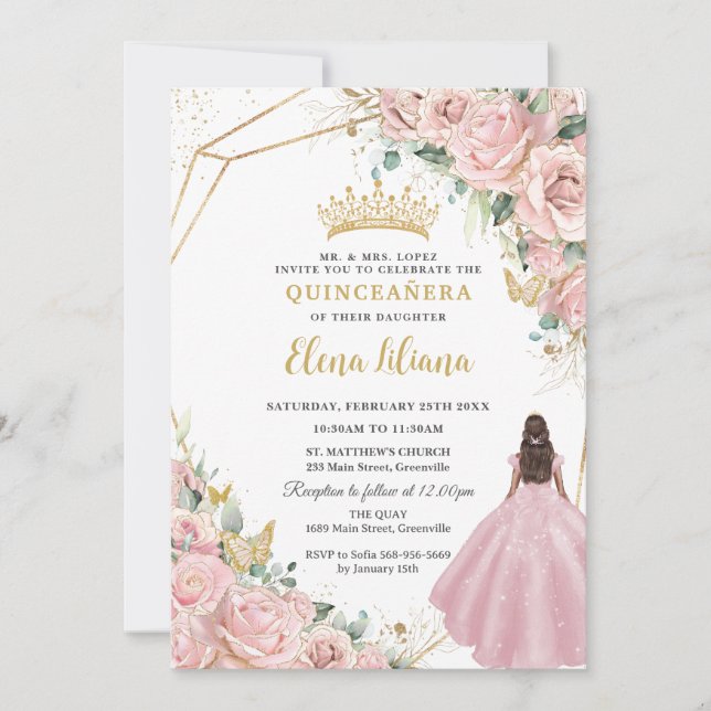 Invitación Rubor Floral Rosa Princesa Oro Quinceanera 15 XV (Anverso)