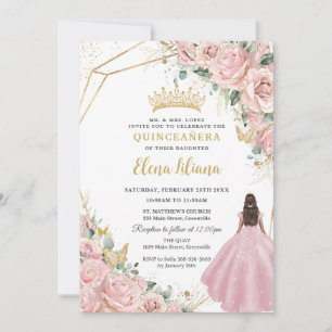 Invitación Rubor Floral Rosa Princesa Oro Quinceanera 15 XV