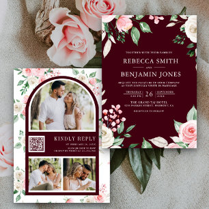 Invitación Rubor Floral rosa QR Código Borgoña Boda