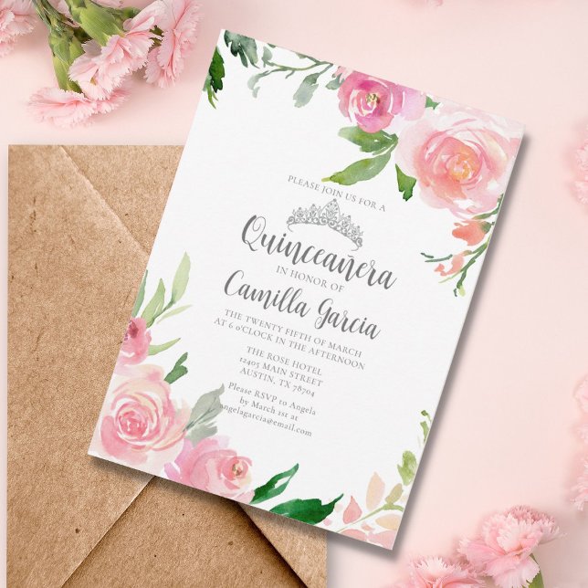Invitación Rubor Floral rosa Quinceañera Silver Tiara Elegant (Subido por el creador)
