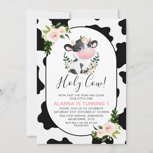 Invitación Rubor Floral Rosa Santo Vaca Imprimir Cumpleaños (Anverso)