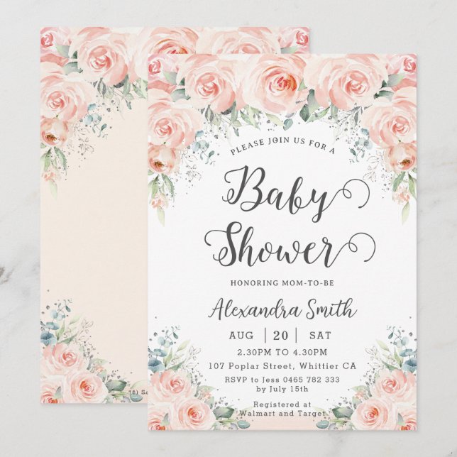 Invitación Rubor Floral Rosas Soft Greenery Baby Shower (Anverso / Reverso)