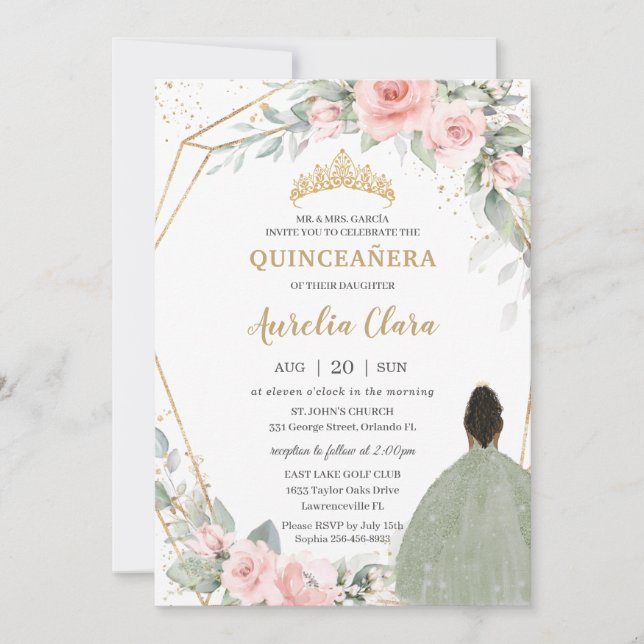 Invitación Rubor Floral Sage Green Brown Princess Quinceañera (Anverso)