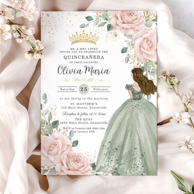 Invitación Rubor Floral Sage Green Princess Gown Quinceañera (pastel-soft-blush-pink-floral-roses-gold-sage-green-princess-dress-sweet-16-birthday-xv-invitation)
