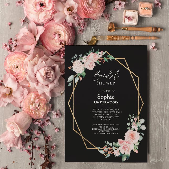 Invitación Rubor Floral simple Boda negro ducha de novia (Subido por el creador)