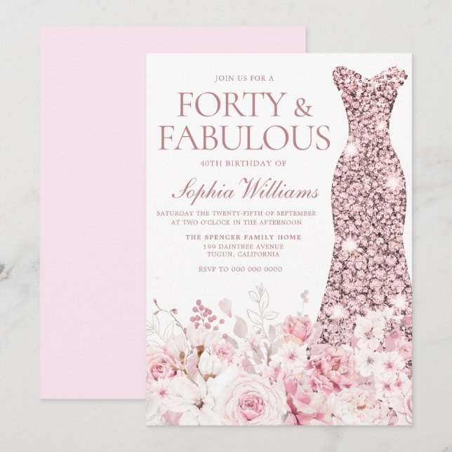 Invitación Rubor Floral & Subió Gold Vestido 40 Fiesta de cum (Anverso / Reverso)
