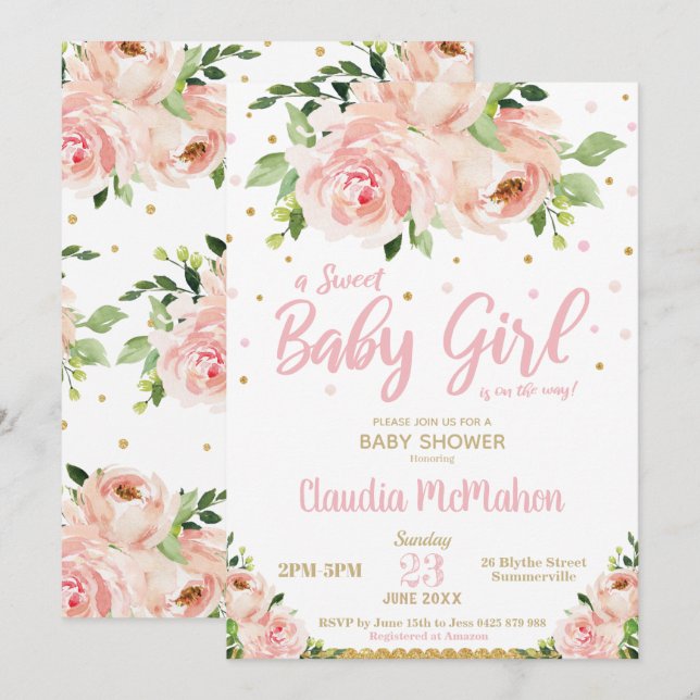 Invitación Rubor Floral Sweet Baby Girl Shower Pink & Gold (Anverso / Reverso)