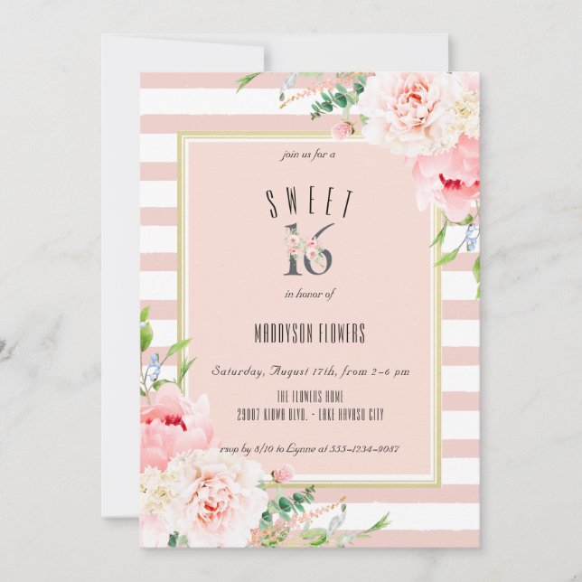 Invitación Rubor Floral Tinta Rosa Dulce Dieciséis Cumpleaños (Anverso)