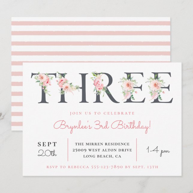 Invitación Rubor Floral TRES | 3.ᵉʳ Fiesta (Anverso / Reverso)