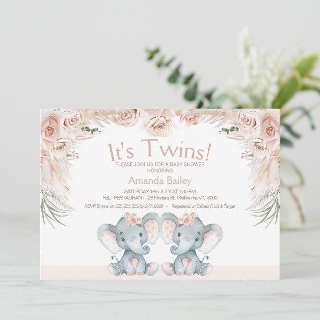 Invitación Rubor Floral Twin Elephants Baby Shower (Anverso de pie)