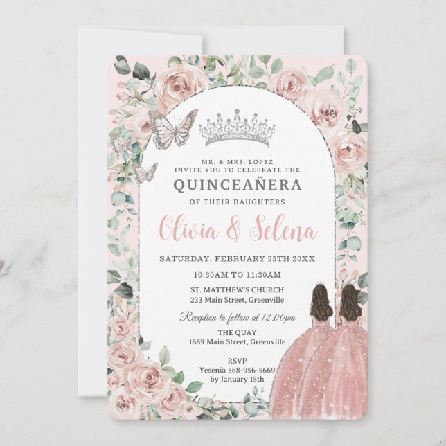 Invitación Rubor Floral Twins Princesses Silver Quinceañera (Anverso)