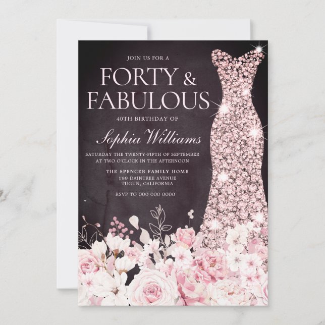 Invitación Rubor Floral & Vestido Borgoña 40 Fiesta de cumple (Anverso)