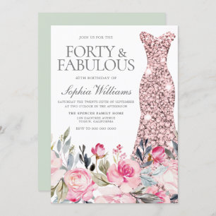 Invitación Rubor Floral Vestido Cuarenta y Fabuloso Cumpleaño