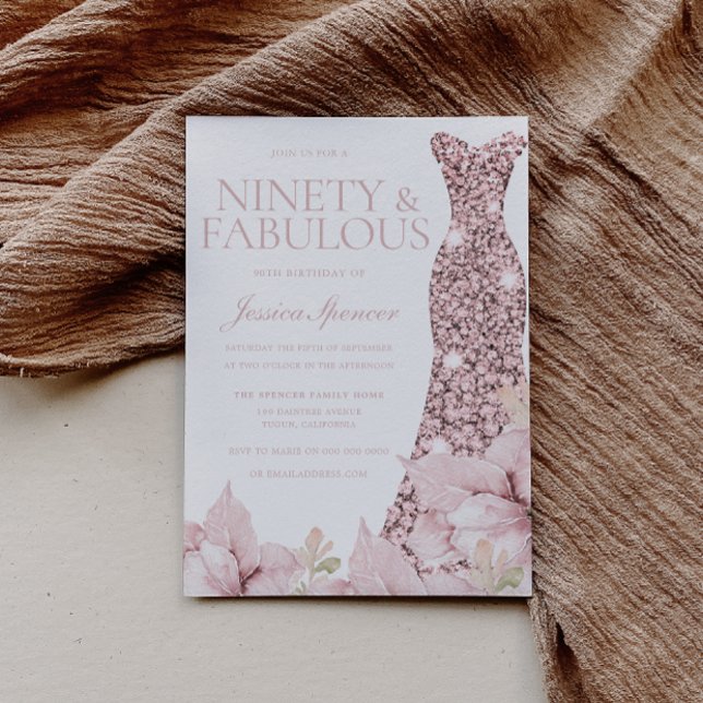 Invitación Rubor Floral & Vestido Purpurina 90 cumpleaños (Subido por el creador)