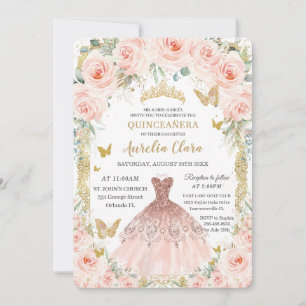 Invitación Rubor Floral Vintage Rosa Dorado Vestido Quinceañe