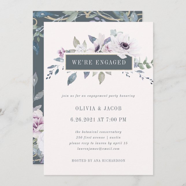 Invitación Rubor floral violeta suave y fiesta de compromiso (Anverso / Reverso)