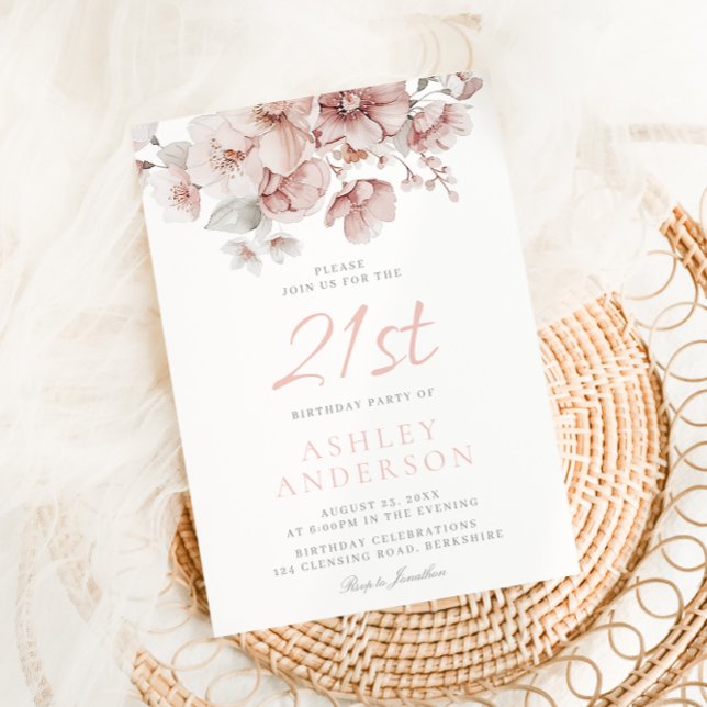 Invitación Rubor Floral Watercolor 21º cumpleaños (Subido por el creador)