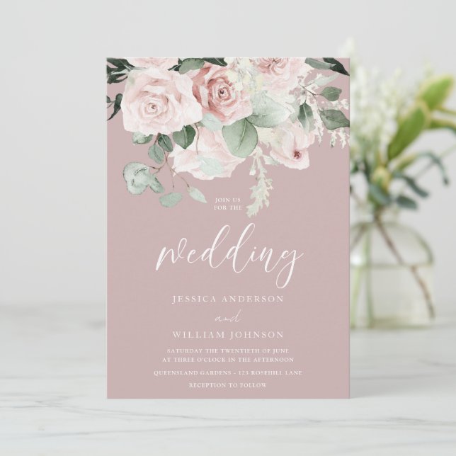 Invitación Rubor Floral Watercolor Sage deja Boda (Anverso de pie)