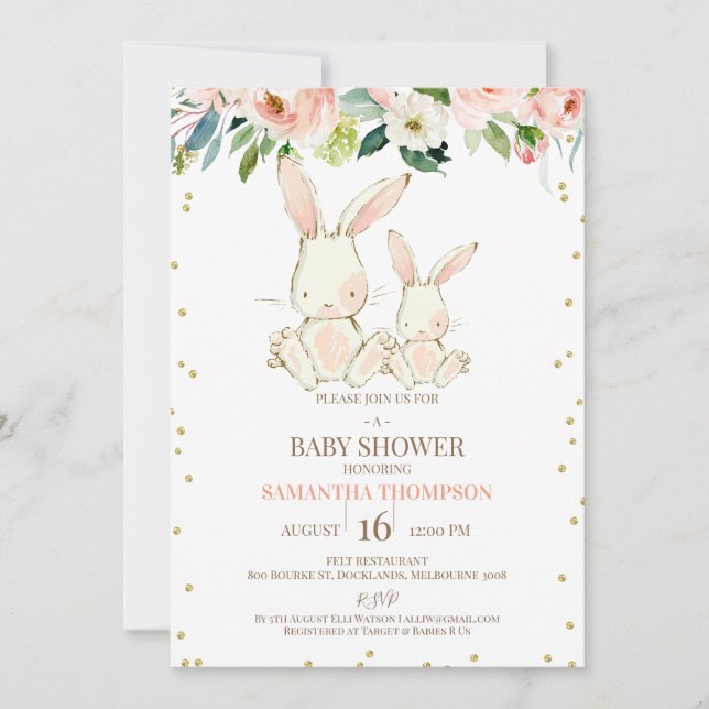 Invitación Rubor Floral White Bunnies Chicas Baby Shower (Anverso)
