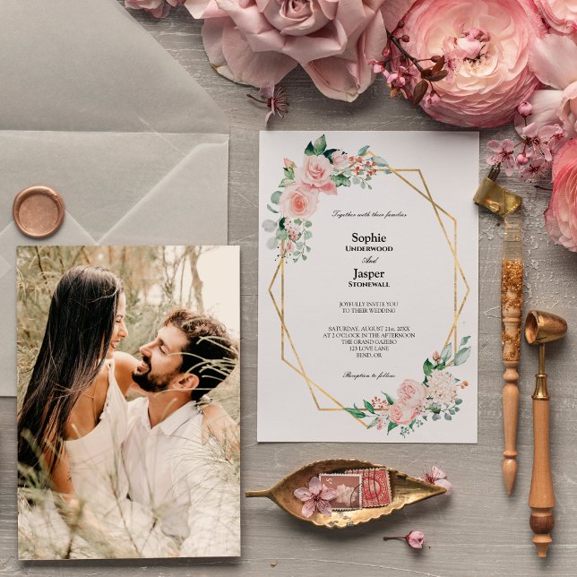 Invitación Rubor Floral White Simple Photo Boda (Subido por el creador)