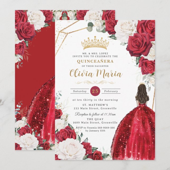Invitación Rubor Floral White Vress Princess Gold Quinceañera (Anverso / Reverso)