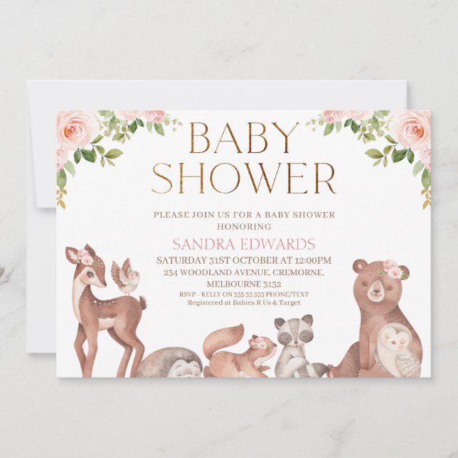Invitación Rubor Floral Woodland Animals Baby Shower (Anverso)