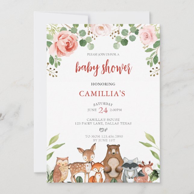 Invitación Rubor Floral Woodland Chica Baby Shower (Anverso)