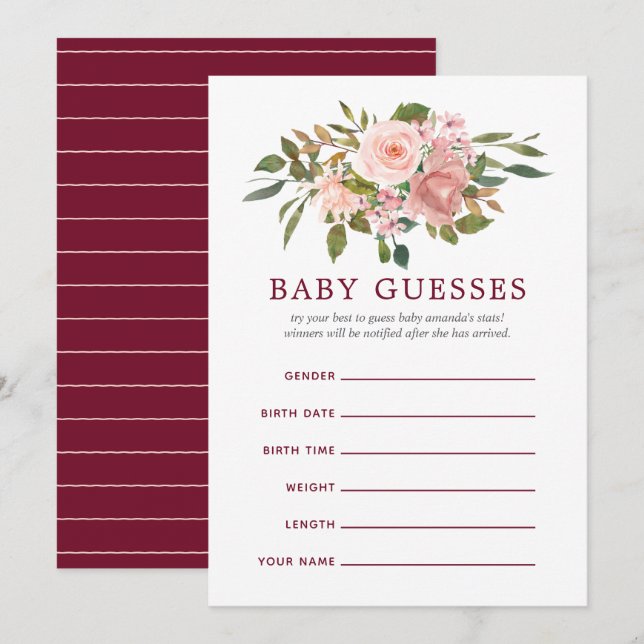Invitación Rubor floral y Burgundy Baby Shower Baby Guesses (Anverso / Reverso)
