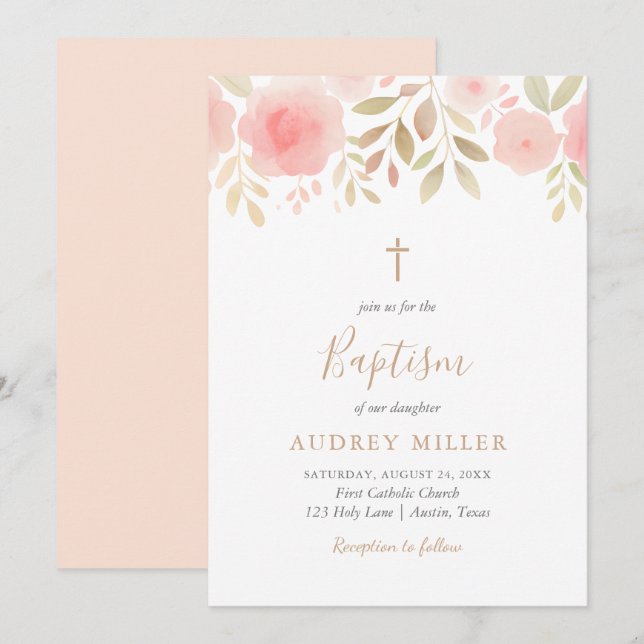 Invitación Rubor Florals Cross Baptism (Anverso / Reverso)