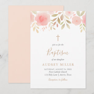 Invitación Rubor Florals Cross Baptism