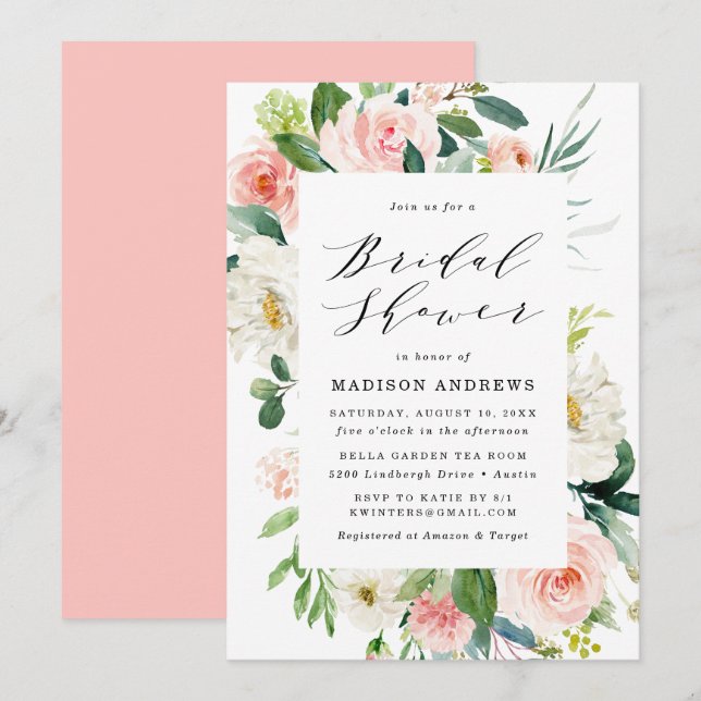 Invitación Rubor Florals | Ducha de novia con marco floral (Anverso / Reverso)