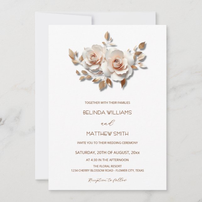 Invitación Rubor  Flores 3D Rosa Dorado Simple (Anverso)
