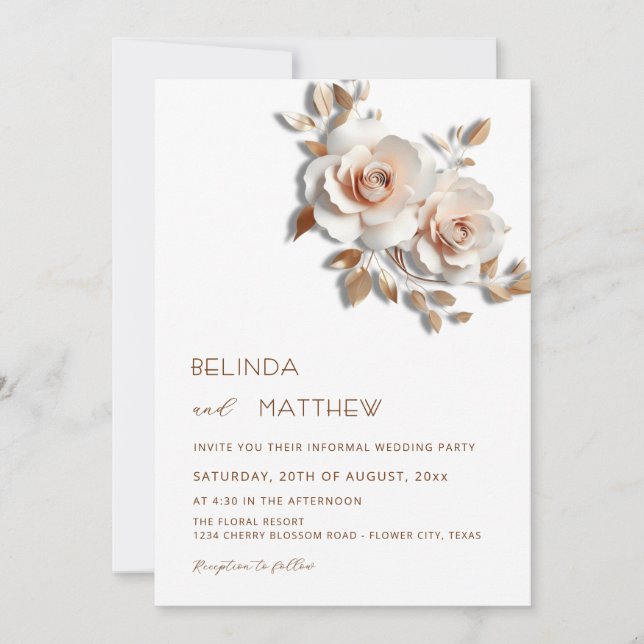 Invitación Rubor  Flores 3D Rosa Dorado Simple (Anverso)
