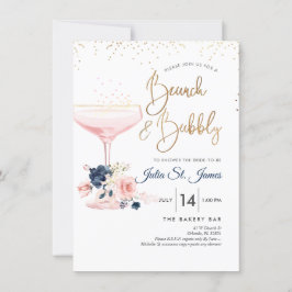 Invitación Rubor+Flores azules Brunch Bubble Champán rosa