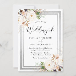 Invitación Rubor Flores Blancas Frontera Plata Boda Elegante