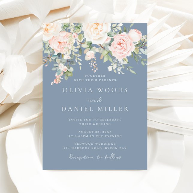 Invitación Rubor Flores Boda azul elegante moderno (Subido por el creador)